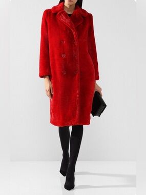 NWOT Alice + Olivia Montana Faux Fur Double Breast Long Peacoat In Red. Size S